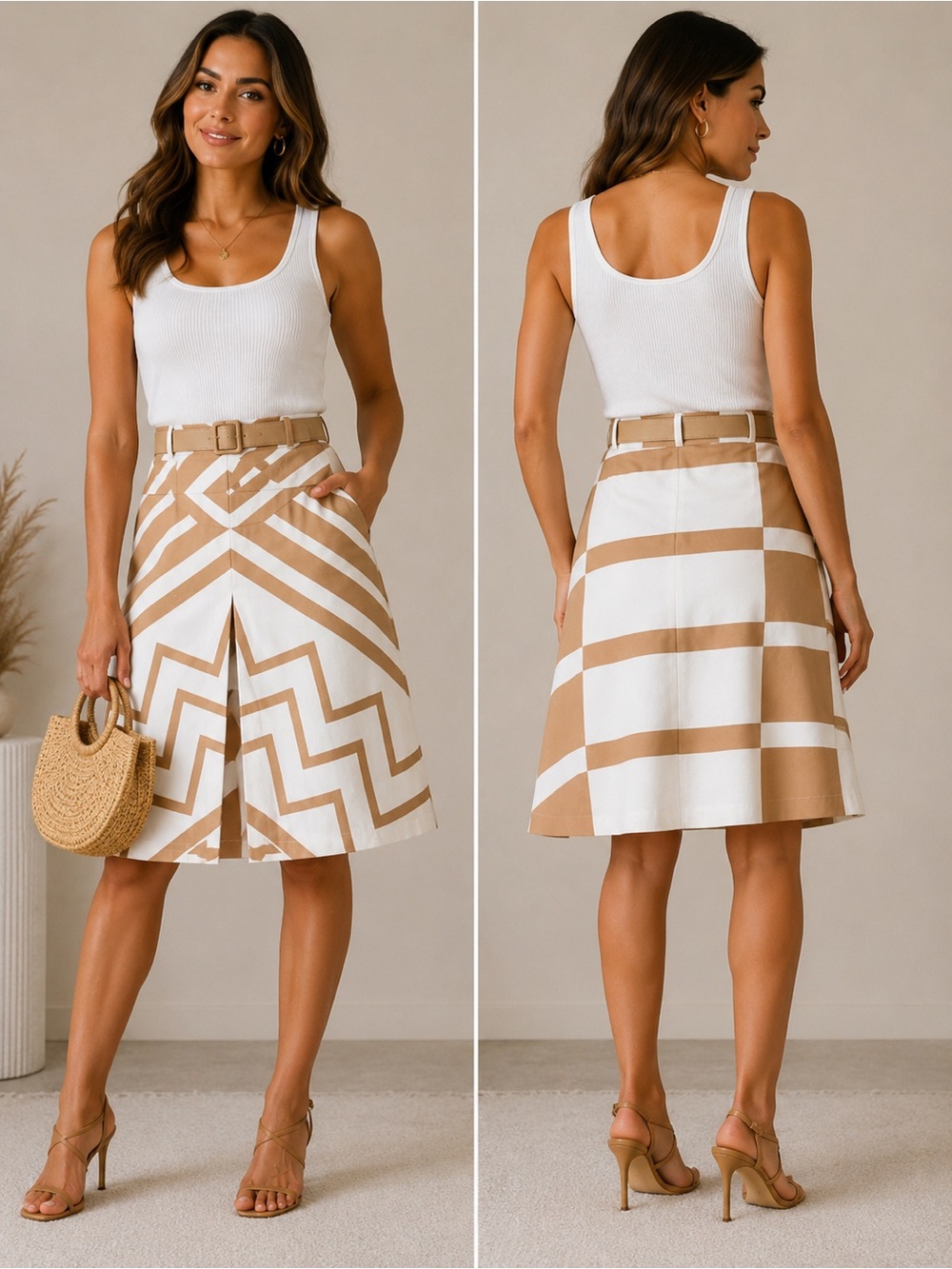 Amazone Women’s Beige and White Geometric Chevron A-Line Skirt with Belt